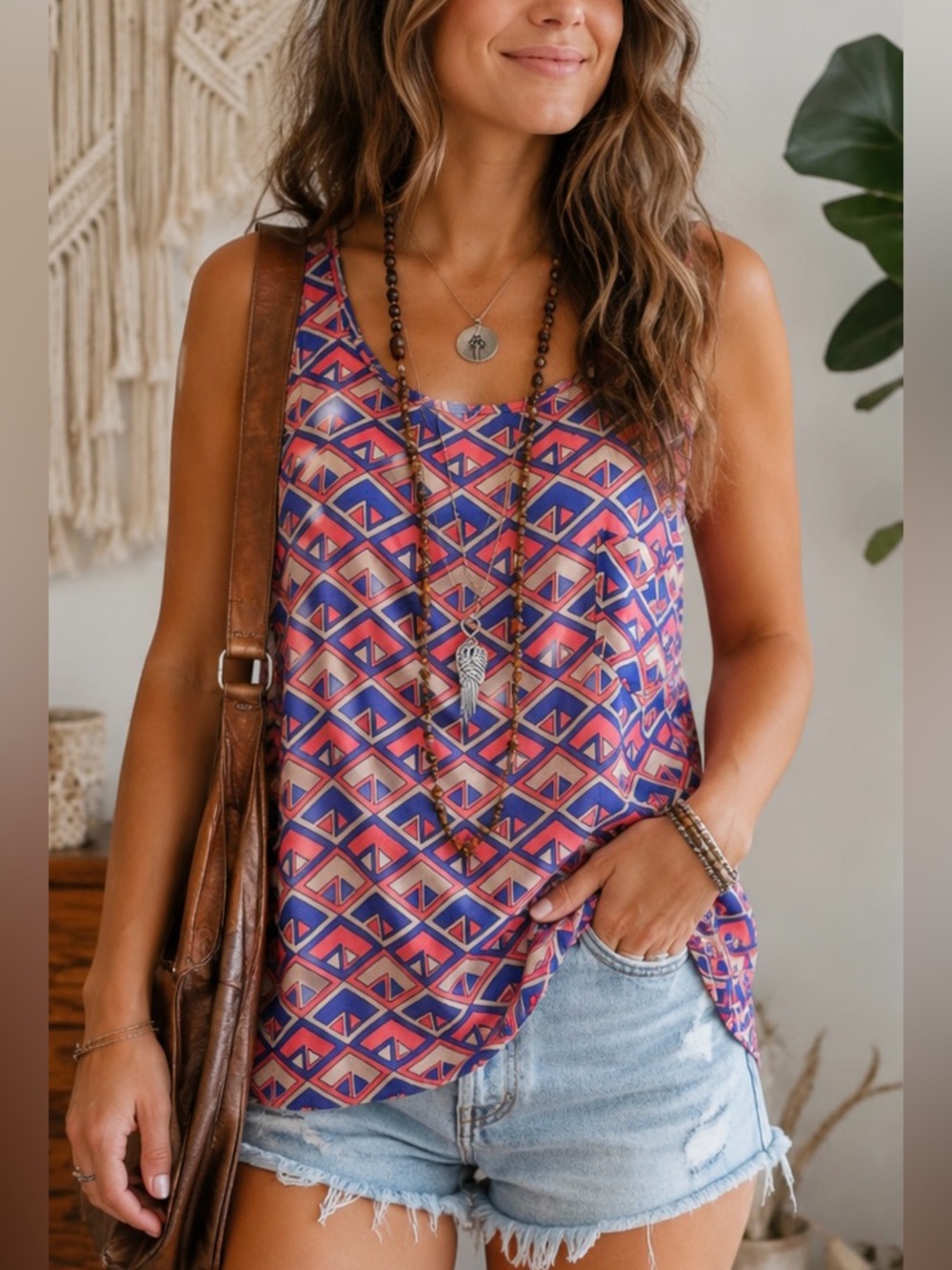 MINE Geometric Print Sheer Sleeveless Blouse Artsy Boho Tank Top | Medium